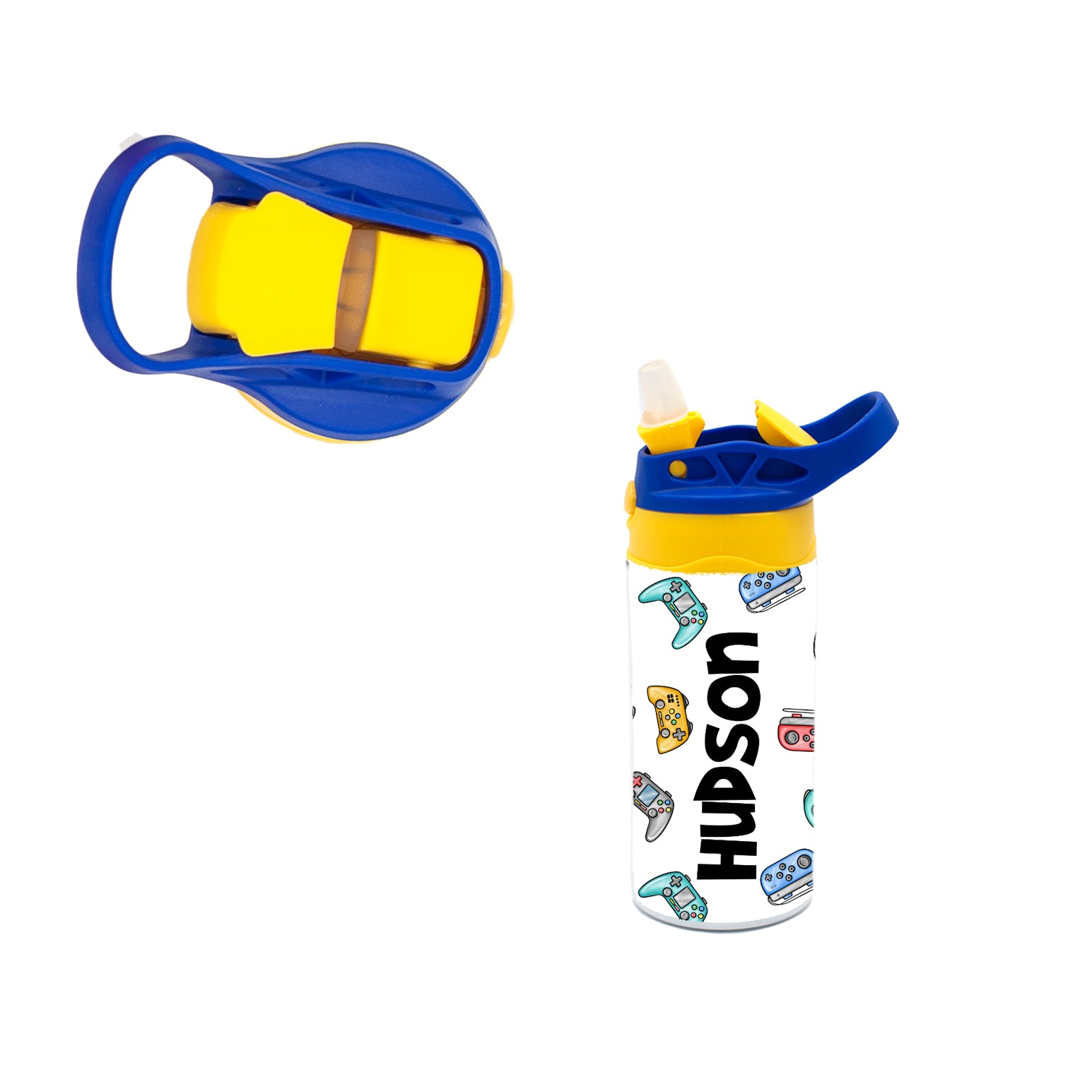 Kids Personalized 12 oz Water Bottle - Blue/Yellow Lid