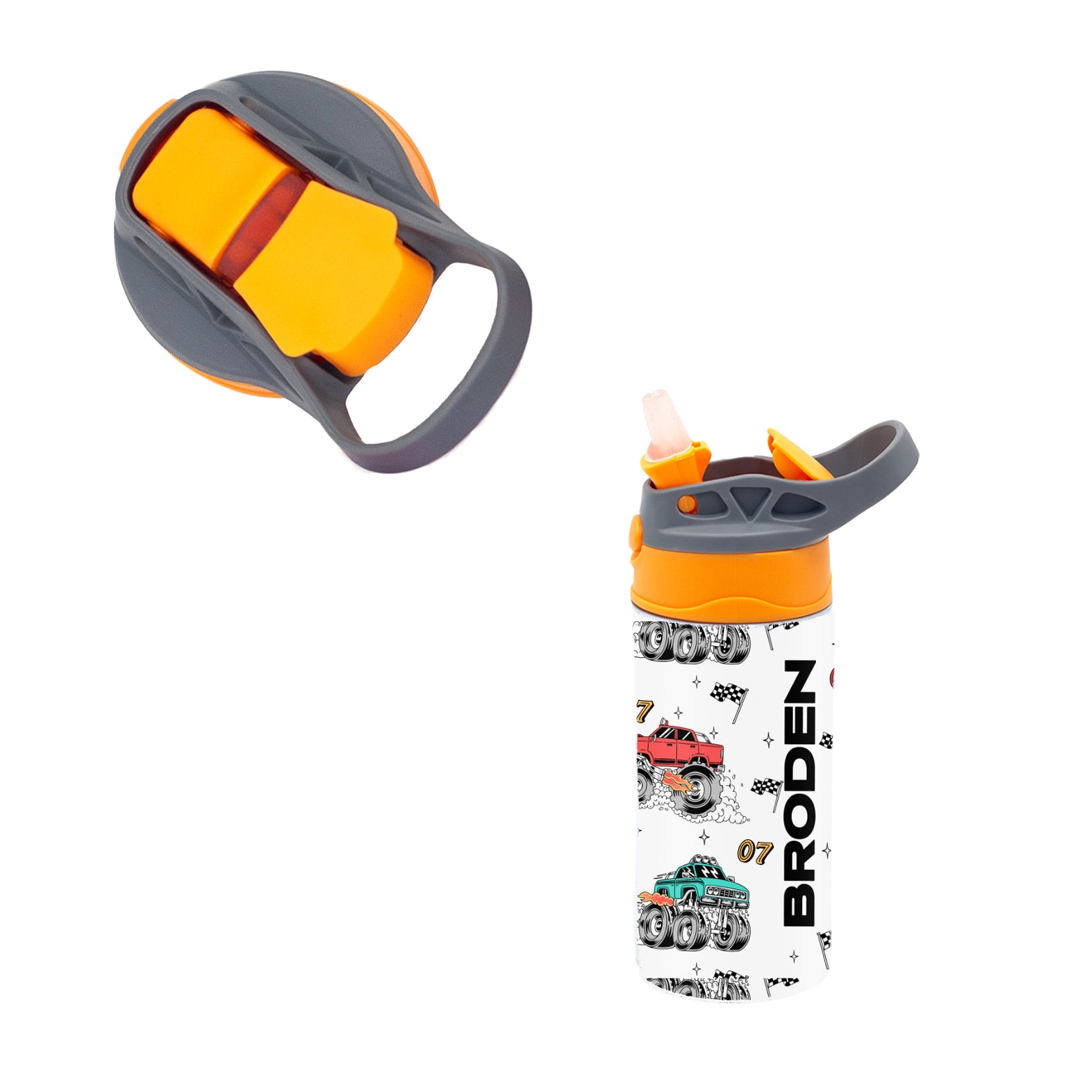 Kids Personalized 12 oz Water Bottle - Orange/Grey Lid