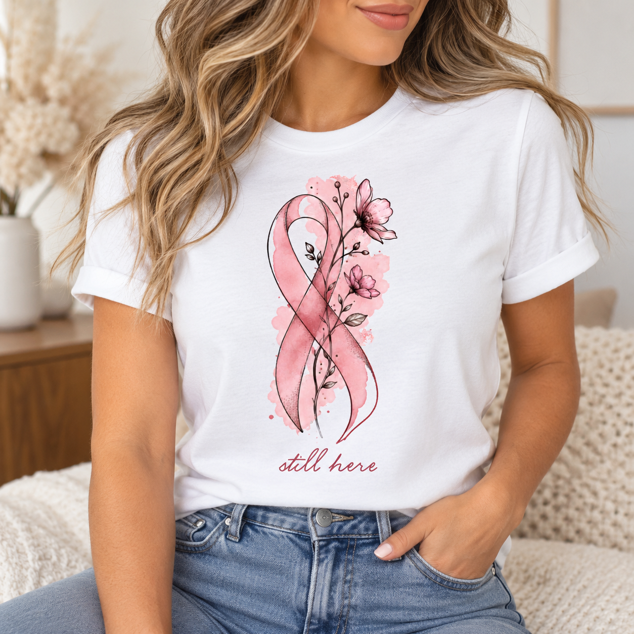 Still Here Ribbon TShirt - Breast Cancer Awareness