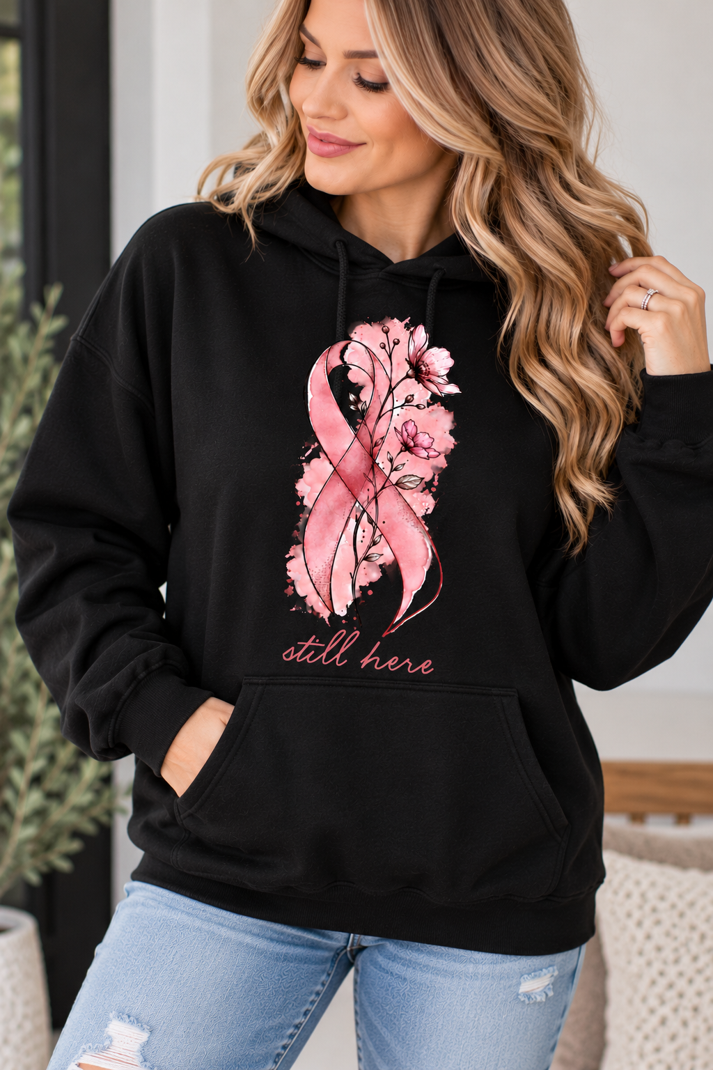 Still Here Ribbon Hoodie - Breast Cancer Awareness