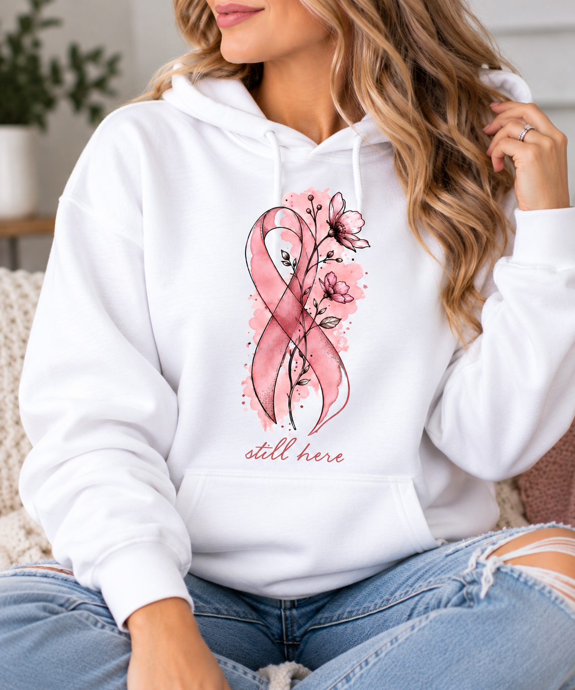Still Here Ribbon Hoodie - Breast Cancer Awareness
