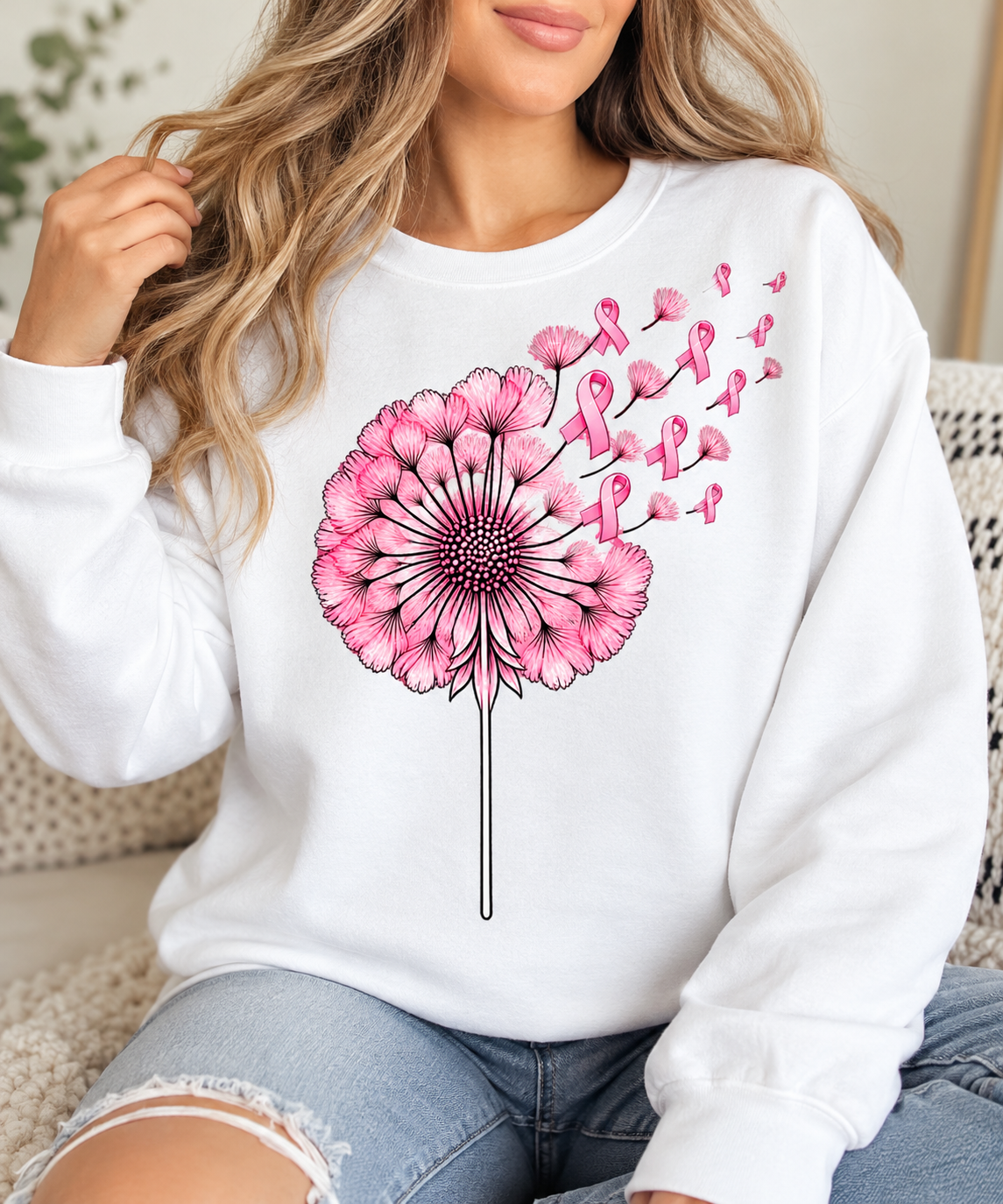 Dandelion Wishes Crewneck - Breast Cancer Awareness