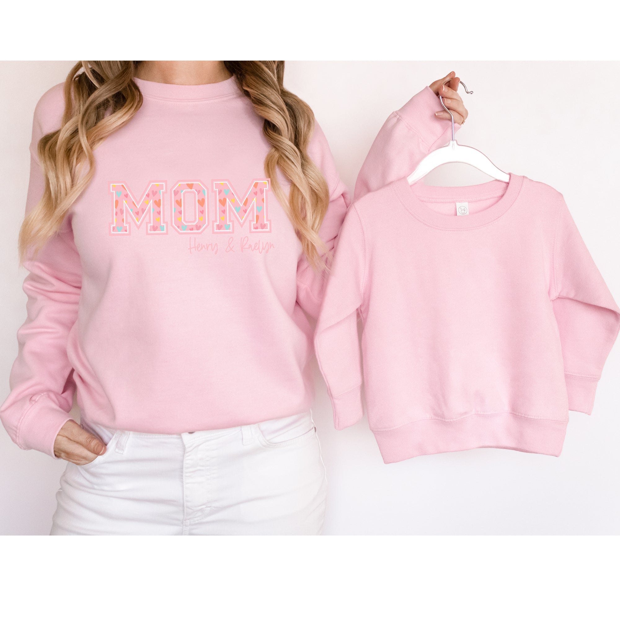 MOM Pink Hearts -  PERSONALIZED HOODIE/CREWNECK